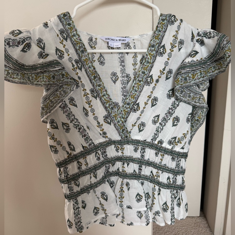 Veronica Beard White and Green Patterned Blouse